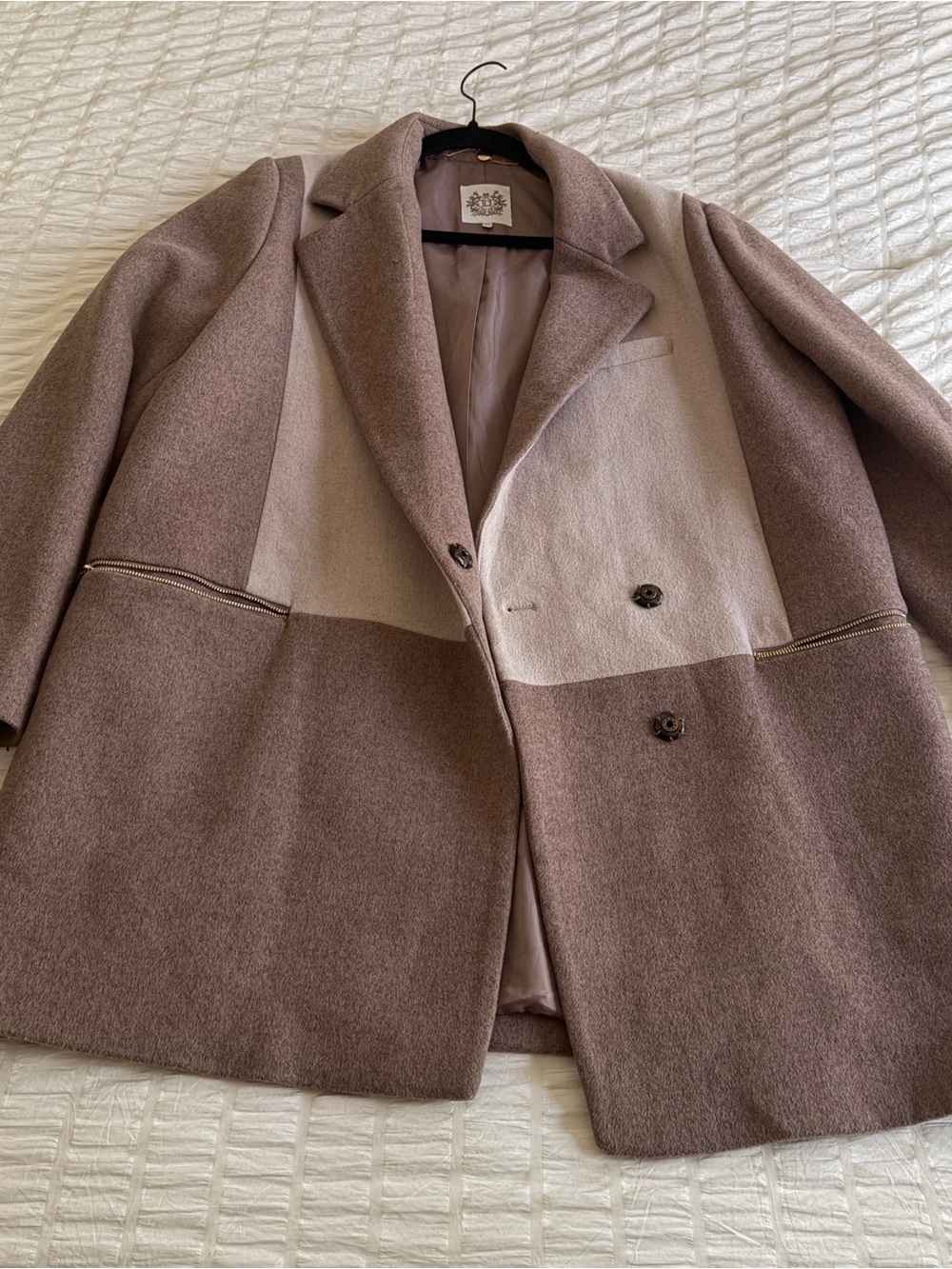 Dawn Levy Colorblock Double-Breasted Pea Coat - Taupe & Light Taupe